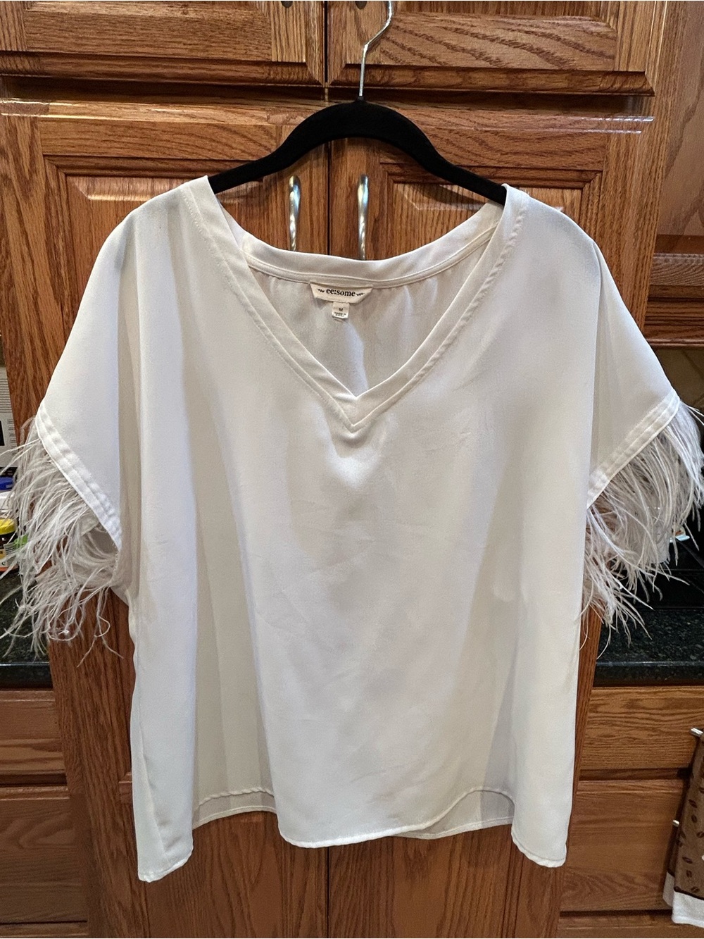 eesome Ivory V-Neck Blouse with Feather-Trim Sleeves